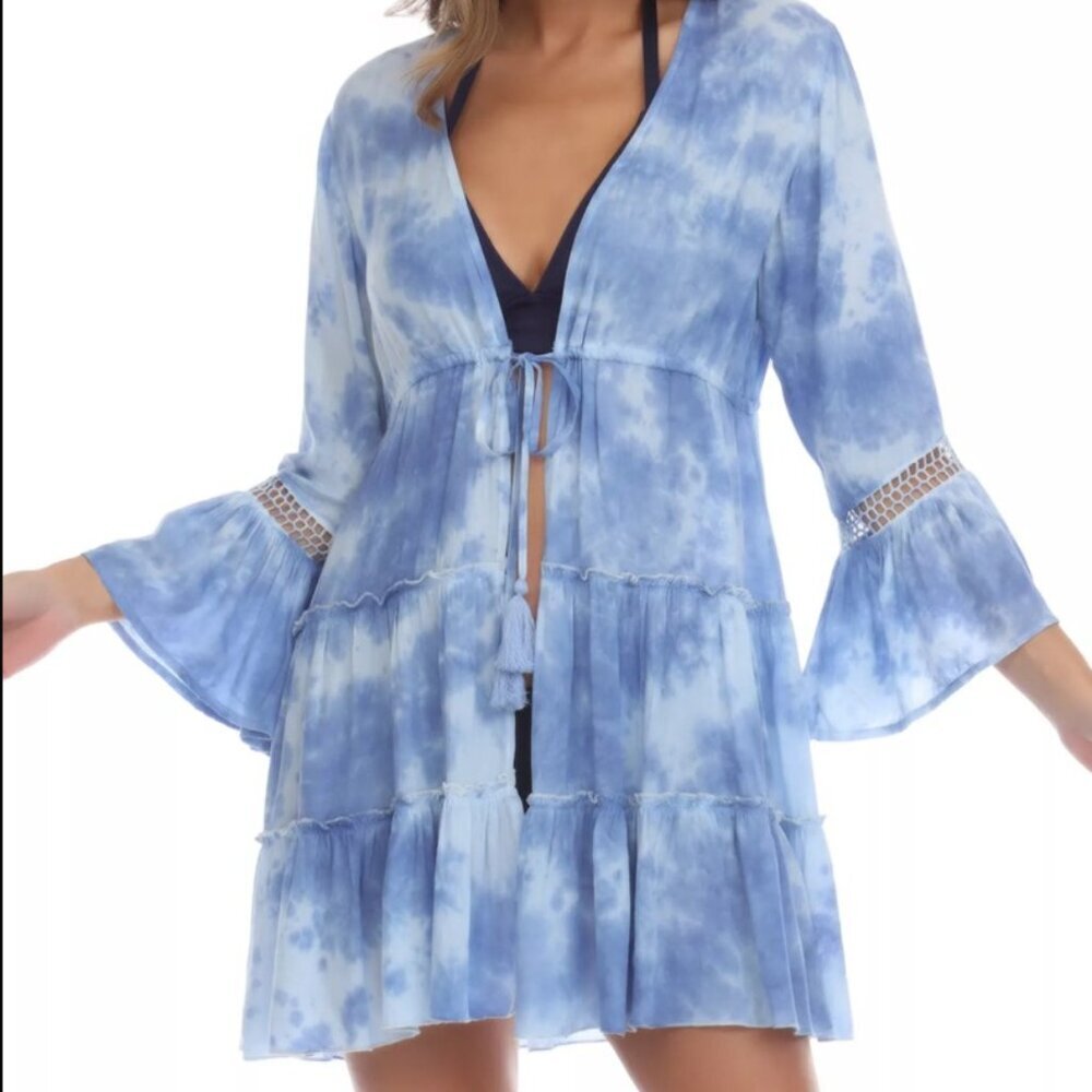 Raviya Women's Tie-Dyed Bell-Sleeve Cover-Up Ocean Tie Dye Blue Large New - Picture 2 of 6